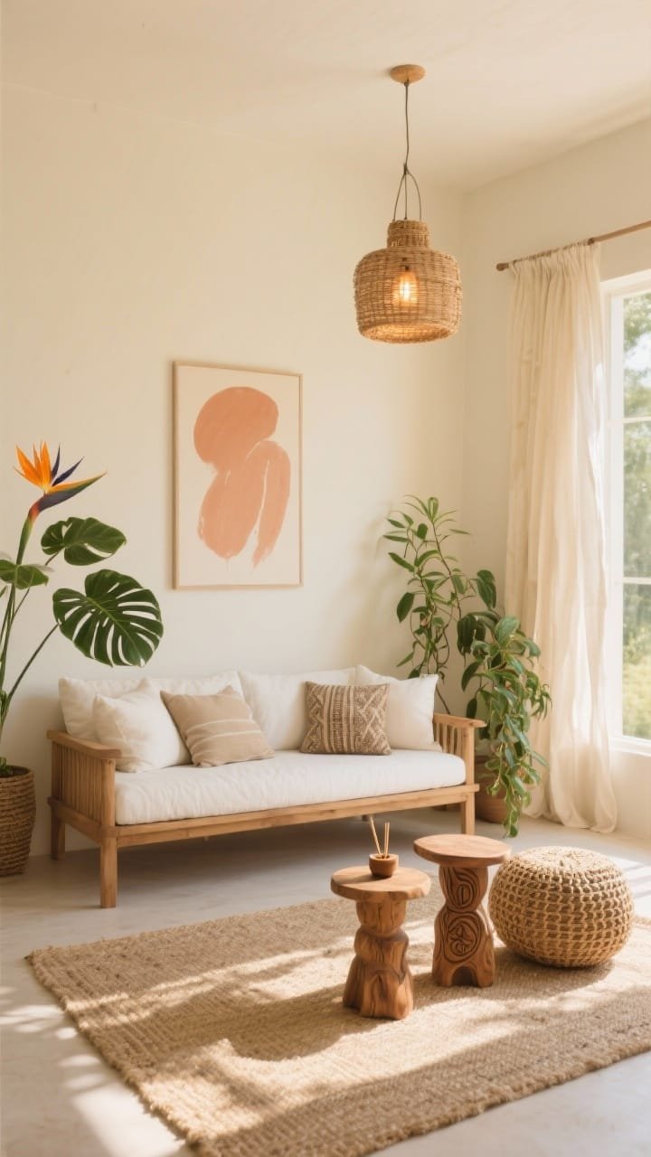 Wide, sun-drenched shot of a serene sunroom lounge: buttercream walls and a natural fiber rug; teak daybed topped with ivory cushions, layered with a few neutral mudcloth and undyed cotton pillows; lightweight linen drapes moving softly; a pair of woven poufs; carved wood stools doubling as side tables and plant stands; trio of plants&mdash;monstera, bird of paradise, and trailing pothos; a basket pendant with warm bulbs overhead; one abstract print with soft terracotta strokes on the wall; minimal incense holder suggesting cedar/vetiver scent; low-contrast, resort-calm mood, corner-angle perspective.