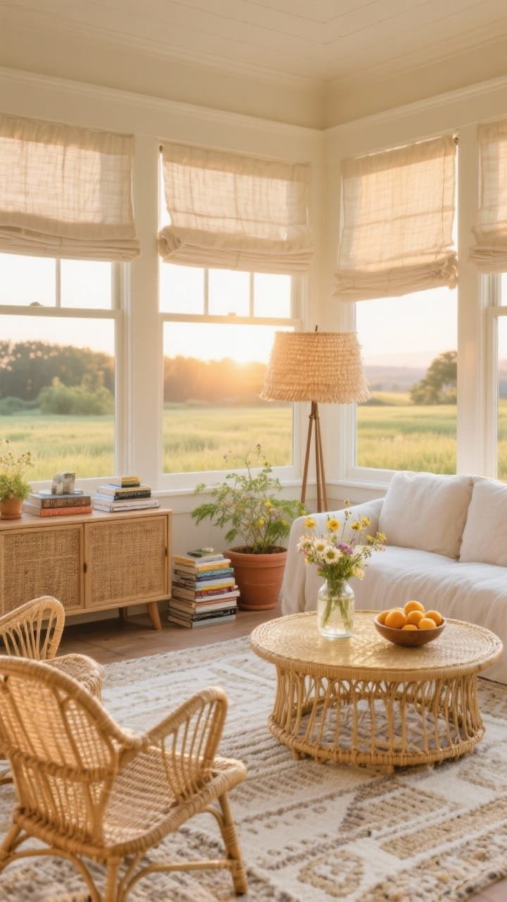 Wide, sunlit meadow-view sunroom with wraparound windows and raw-linen light-filtering Roman shades; palette of buttercream, warm reed, and airy white; slipcovered loveseat in sandy linen, two woven lounge chairs with high sculptural backs, round rattan coffee table atop a pale gold and ivory flatweave kilim; textures include cane cabinet, raffia lampshade, and terracotta planters; accents of stacked travel books, a glass jug of meadow flowers, and a bowl of citrus; tall paper floor lamp creates a sunset glow; breezy, relaxed atmosphere