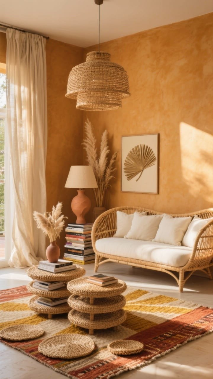 Wide, sunlit room shot: Golden-hour vibe with toasted ochre walls and a curvy rattan sofa with cream cushions. Handwoven kilim rug in sunburst gold, rust, and sand. Cluster of nested raffia tables stacked with design books and a sculptural clay lamp. Large woven pendant overhead; linen sheers billow and catch the light. Details: raffia coasters, palm-leaf fan art, dried pampas in a vase. Palette: ochre, sand, rust, cream. Sun-soaked natural light.