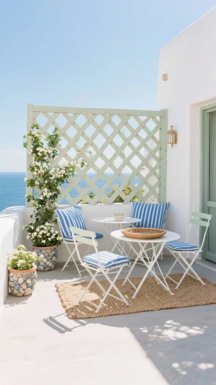 Wide terrace, modern Mediterranean: DIY wood lattice privacy screen with oversized grid painted in creamy limewash; white metal bistro set; striped blue cushions; pebble-colored ceramic planters with jasmine or ivy starting to climb the lattice; woven jute runner and rattan tray; palette of chalky white, ocean blue, olive green; coastal sunlight with gentle shadows; straight-on courtyard perspective, photorealistic.