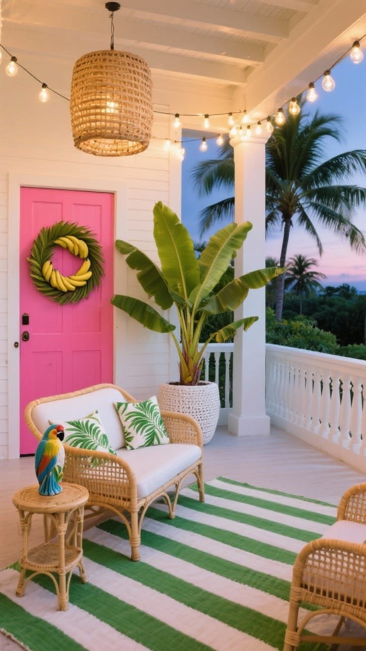 Wide tropical punch porch at dusk: rattan loveseat with curved arms and palm-print cushions, green-and-white striped rug grounding the space, large banana plant and palms in white woven planters, string bistro lights glowing overhead, woven palm leaf wreath on the door, bright ceramic parrot accent on a side table, palette of hot pink, palm green, bright white, and gold accents, vacation vibe.