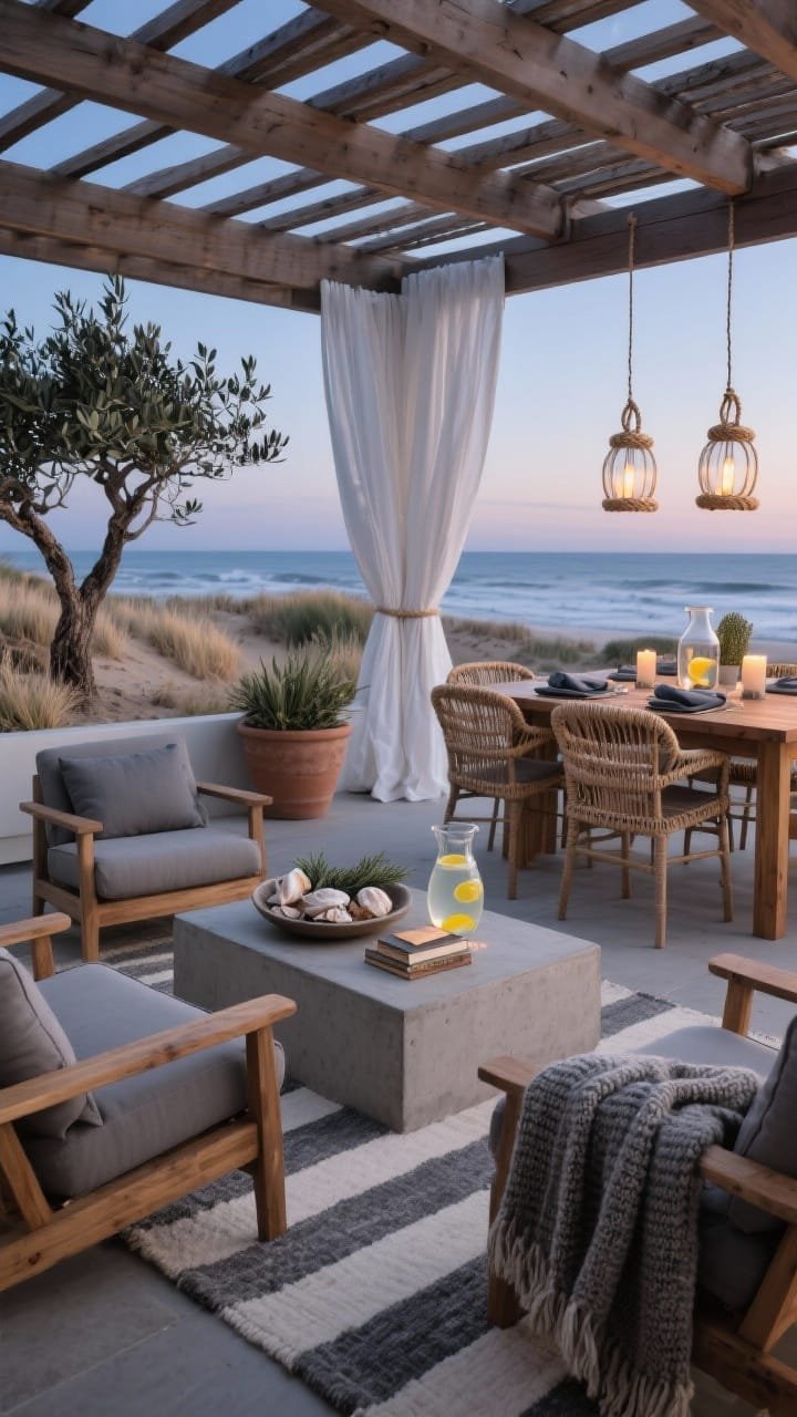 Wide twilight shot of a coastal-modern patio: teak lounge chairs with fog-gray deep seat cushions facing a low concrete fire table; pergola with slatted cedar casting linear shadows, white drapes tied back in the breeze; planters of dune grass, rosemary, and a gnarled olive tree in a clay pot; slim teak dining table with woven chairs set with slate-colored linen napkins; rope-wrapped pendants and glass hurricane candles glowing at dusk; outdoor rug in salt-and-pepper stripe, heavy-knit throw blankets; minimal accessories&mdash;a bowl of seashells, weathered books, pitcher of lemon water; serene, lingering ambiance