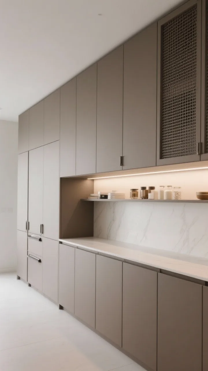 Wide wall shot, Built-In Wall of Storage: floor-to-ceiling super-matte taupe handle-less cabinets with push-to-open hardware, concealed hinges, and an integrated ventilated mesh-panel cabinet door; a continuous counter spanning a niche with a hidden LED backsplash shelf illuminating neatly arranged essentials; palette of taupe, soft grey, white; sleek, uncluttered efficiency; soft indirect lighting; photorealistic, no people.