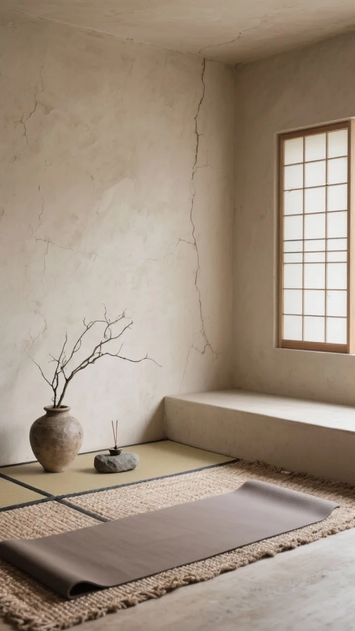 Calm medium shot with tactile focus: Earthy wabi-boho nook with limewash walls in mushroom beige, a low tatami platform defining the practice zone, yoga mat atop a woven tatami-style rug, minimal handmade decor including a rough pottery vase with bare branches, a stone incense holder, and a shoji-inspired screen filtering light, palette of mushroom, taupe, ecru, soft charcoal, textures showing cracks, knots, and patina emphasized, soft natural diffuse lighting, photorealistic, no people.