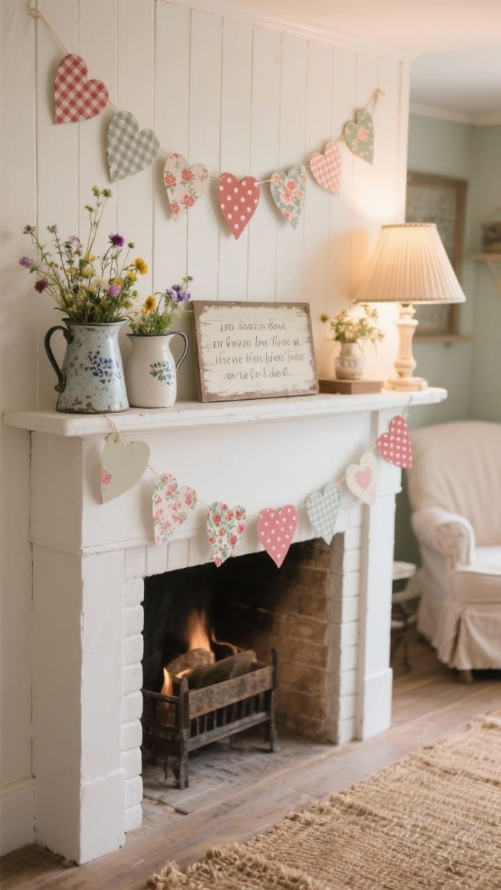 Closeup detail photorealistic shot of cozy cottage mantel decor: white mantel with beadboard paneling above; hand-cut paper heart garland strung across in mismatched gingham, floral, and polka dot patterns; vintage ironstone pitchers filled with wildflowers; a small distressed sign with a sweet love quote; soft lamp light from a nearby table lamp with a pleated shade creating warm highlights; hints of a jute rug and slipcovered armchair in the blurred background.