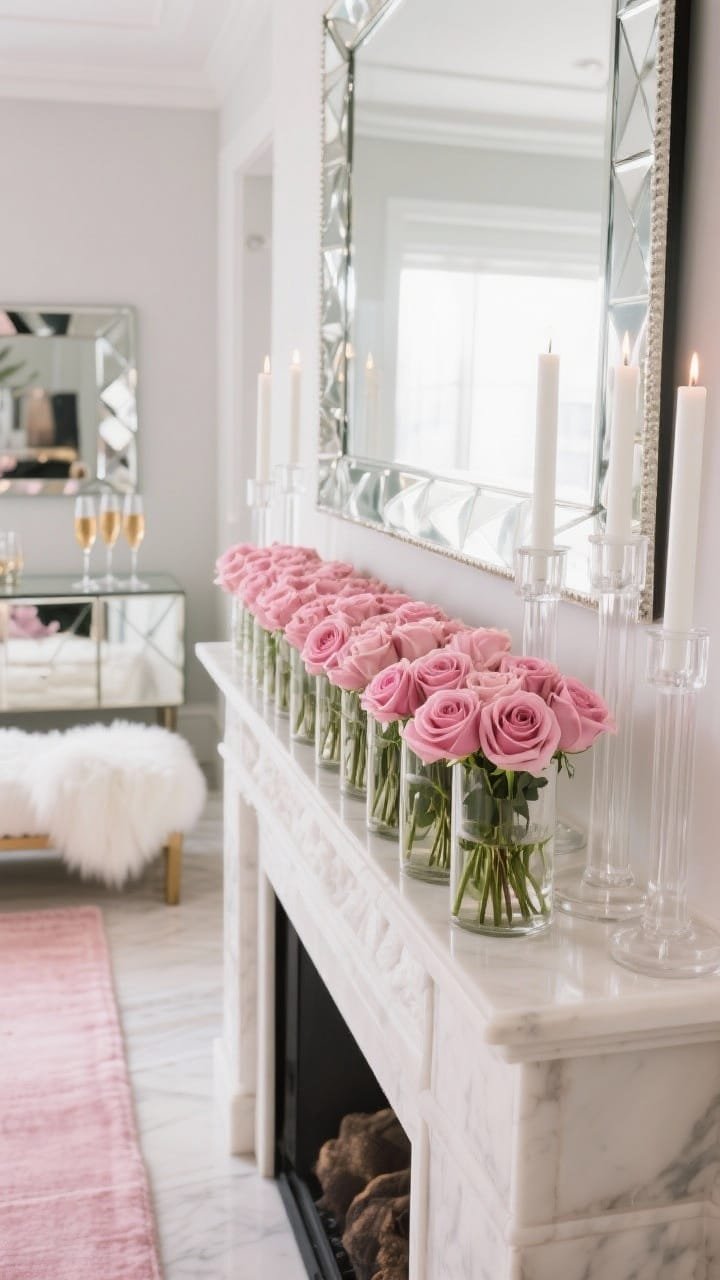 Closeup, glam detail photorealistic shot: mantel topped with a continuous run of pink roses in low glass cylinders; tall lucite candleholders with white tapers adding height and sparkle; beveled mirror reflecting soft light above; hints of a glossy lacquered console with champagne coupes in the background; blush rug and white faux fur bench slightly out of focus; crisp, luminous lighting for Hollywood-style shine.
