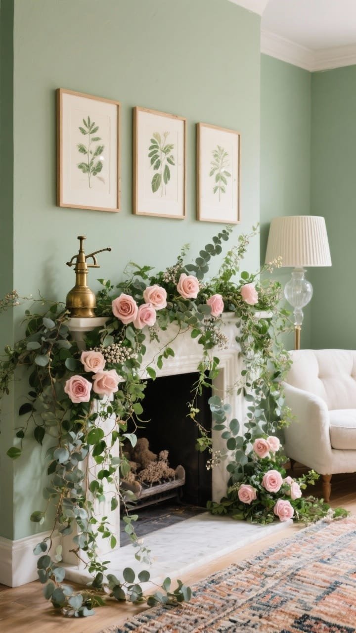 Closeup, lush botanical photorealistic vignette: muted sage green wall behind a mantel layered with trailing ivy, blush garden roses, seeded eucalyptus cascading for movement; trio of botanical prints in thin wood frames above; a vintage brass mister placed as an accessory; soft, diffused light from a ribbed glass lamp off to the side; hints of handwoven rug and cream slipcovered sofa in the softened background; gentle garden romance.
