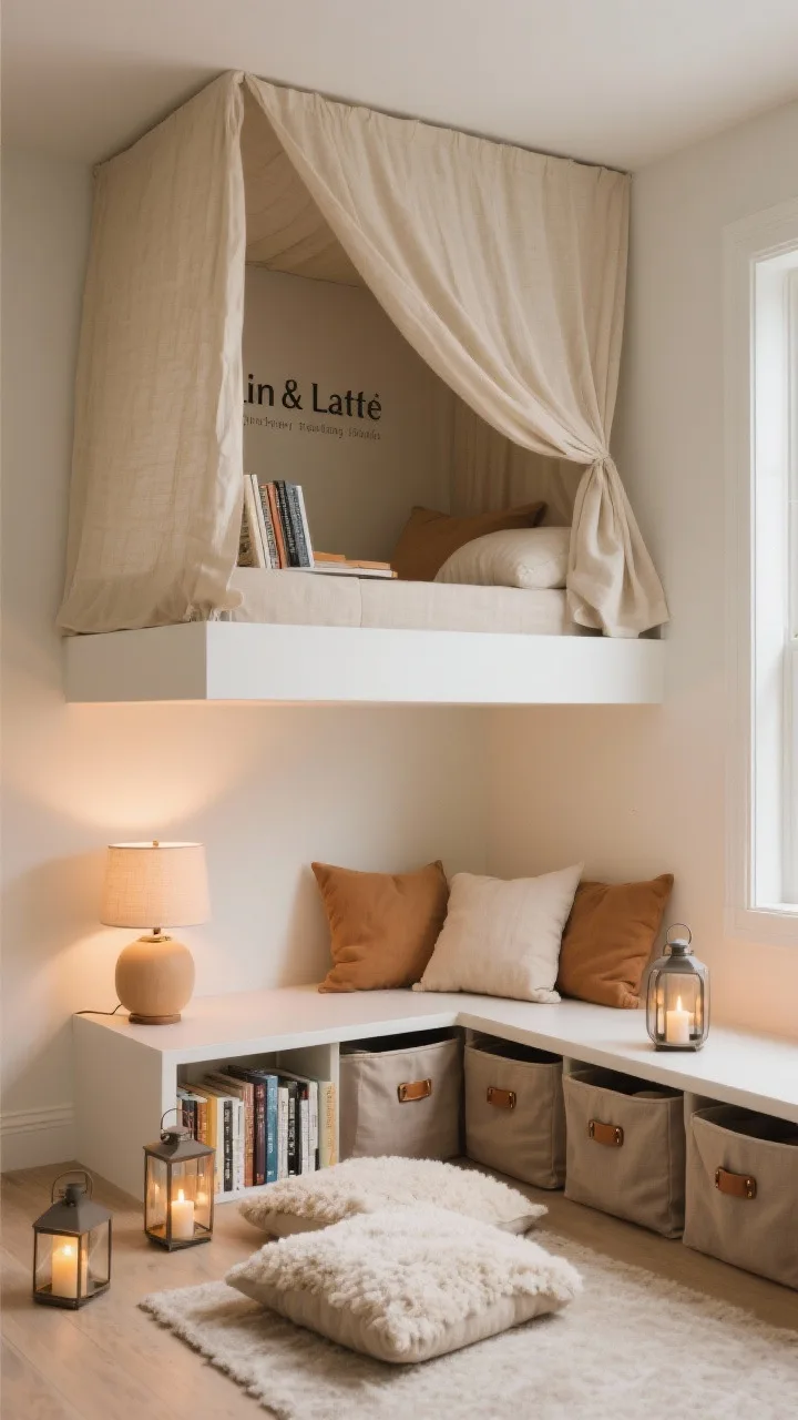Corner angle medium shot, Linen & Latte Reading Loft: a cozy reading loft with a fabric canopy in oatmeal draped above a small platform; palette of latte, ivory, and soft caramel; floor pillows in linen and faux shearling, low face-out book ledge; warm floor lamp and lanterns with battery-operated candles for ambiance; taupe fabric storage bins with leather pulls; soft, caf&eacute;-like glow, photorealistic.