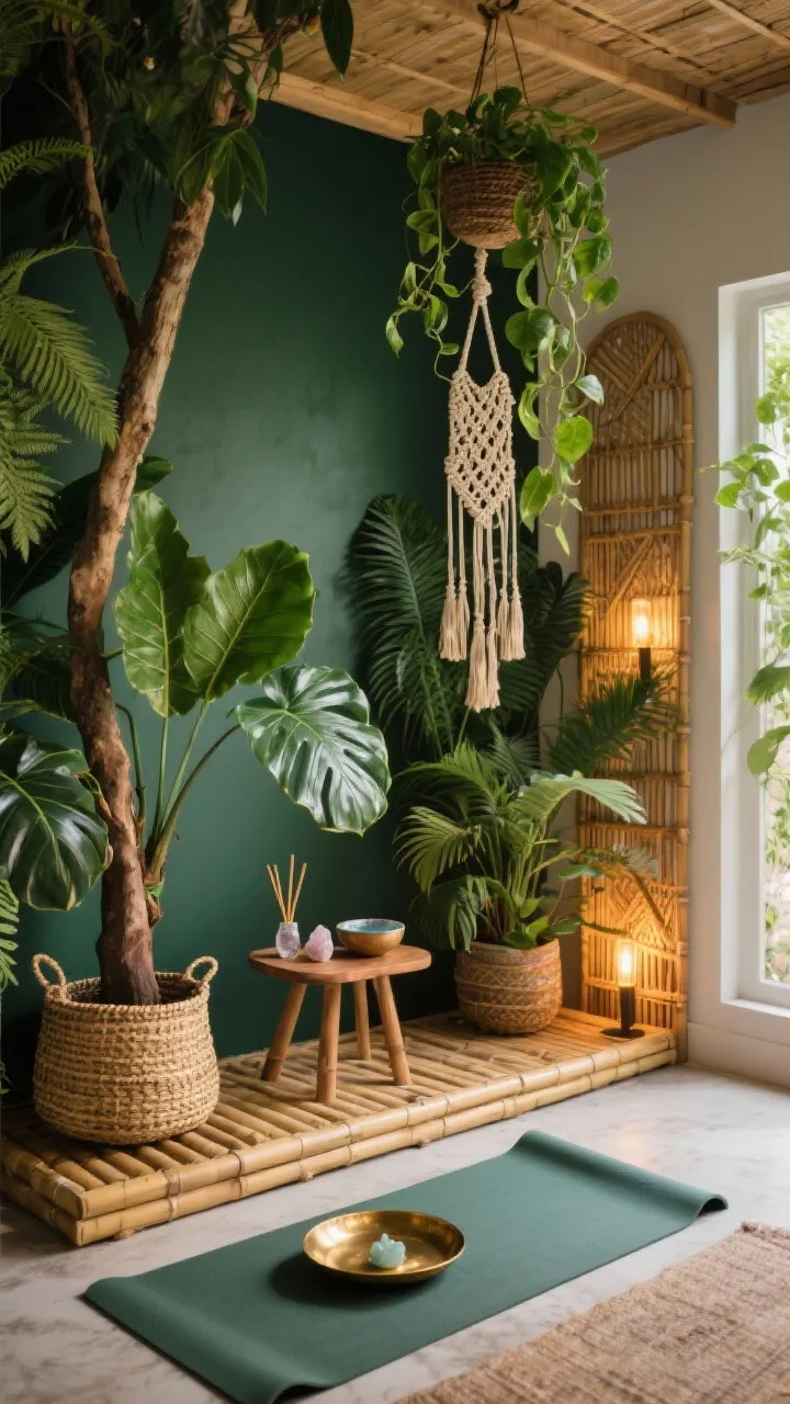 Corner angle wide shot: Jungle boho retreat with a deep olive accent wall behind lush plants—monsteras, ferns, and a rubber tree in woven belly baskets—your yoga mat on a bamboo platform beside a small teak side table arranged with incense, crystals, and a bowl of water, a macramé plant hanger overhead with trailing pothos, cane room divider partially visible, hammered brass tray glinting, warm LED uplights tucked behind plants for evening glow, forest green and warm gold tones, photorealistic, no people.