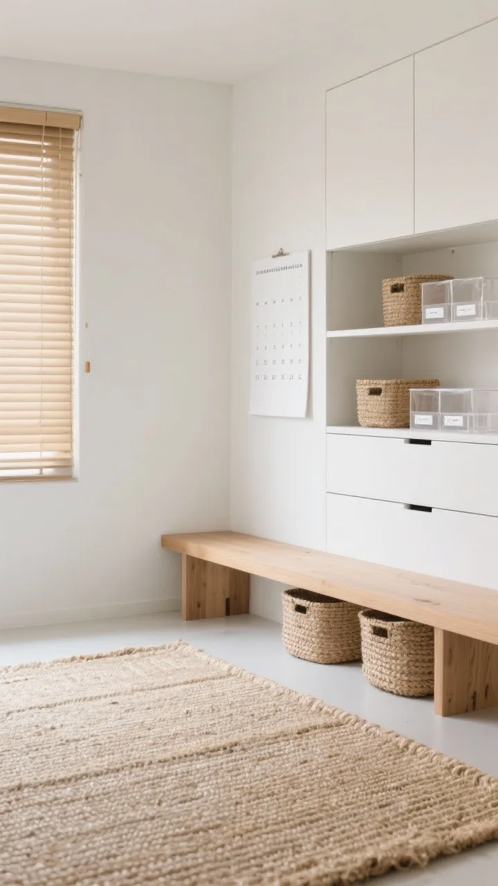 Detail closeup, Minimal Zen with Tatami Texture: white wall with a warm greige accent adjacent; jute/sisal tatami-inspired rug texture in focus; bamboo blinds filtering light; a low wooden bench along a window for collaborative work; sleek white cabinets with minimal pulls, lidded baskets on open shelves, clear acrylic organizers with discreet labels; a simple large wall calendar with thin lines; calm, uncluttered mood, photorealistic.