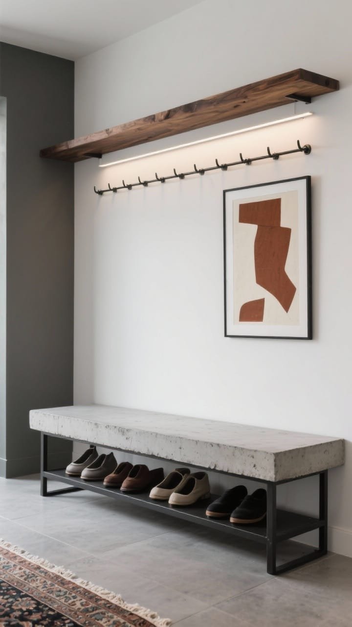 Detail closeup of concrete chic materials: poured-look concrete bench slab resting on a blackened steel frame with integrated shoe rack; above, a steel peg rail and a long floating shelf in charred wood; background wall smooth and light; large-format concrete-look porcelain floor partially visible with a hint of a Persian runner edge; slimline LED wall washer grazing the concrete; a single abstract print in rust and ivory on the wall; crisp contemporary lighting emphasizing matte textures.