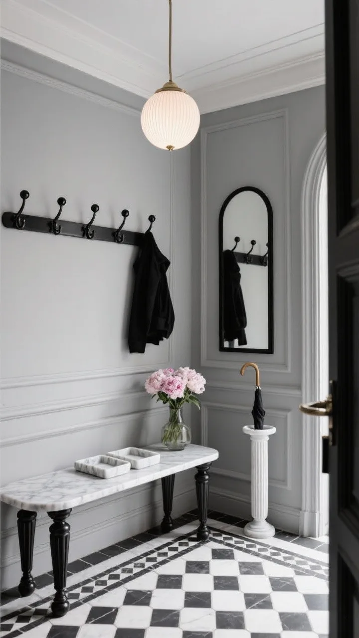 Detail-oriented closeup in a Parisian black-and-white mudroom: small-format black-and-white mosaic floor with a bordered pattern in sharp focus; soft gray wall with panel moulding rising behind a marble-topped bench with turned legs; matte black coat rail with classic ball hooks; elegant globe pendant softly glowing above; a slim fluted-detail console holding marble catchall trays, a slim umbrella stand nearby; tall arched mirror with black trim reflecting the scene; small vase of peonies for polish; refined, boutique-hotel feel.