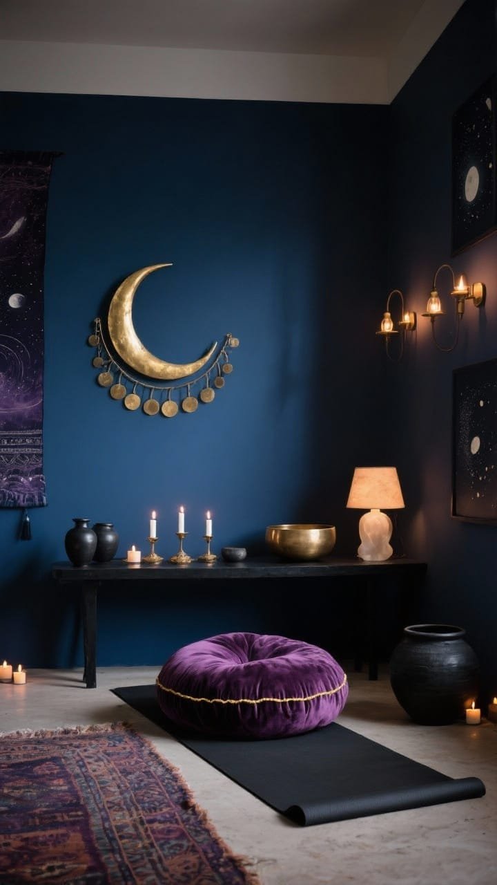 Intimate medium shot with moody lighting: Lunar mystic boho space with a midnight blue accent wall showcasing a slim crescent moon wall sculpture and brass moon phase garland, on the floor a plush velvet meditation cushion in deep plum next to a black yoga mat with gold stitching, a low black console holding candles, a singing bowl, and a small alabaster lamp radiating warm lunar glow, dimmable sconces and tea light clusters, palette of midnight blue, plum, brass, ink black, celestial prints and black clay pots subtly included, photorealistic, no people.
