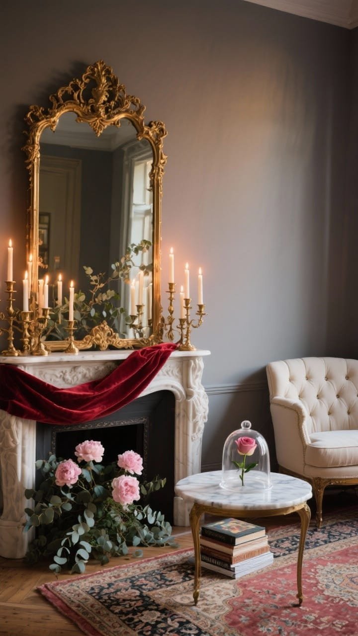 Medium, angled photorealistic view of a Parisian-style mantel: ornate antique gold mirror on a soft warm gray wall; clusters of taper candles in antique brass holders flickering; deep crimson velvet ribbon draped across a mirror corner with tucked eucalyptus sprigs and pale pink peonies; nearby Persian-style rug, tufted cream settee, marble-topped side table with a small stack of art books; delicate glass cloche over a single rose on the mantel; evening glow, old-world romance.