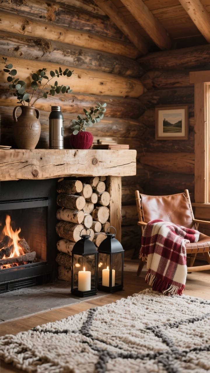Medium, corner-angle photorealistic view of a rustic cabin fireplace: raw wood mantel and stacked birch logs in the firebox; matte black lanterns with pillar candles on the hearth; muted red-and-ivory plaid throw draped over a nearby chair; on the mantel, ceramic jugs, a vintage thermos, small framed landscape; subtle burgundy eucalyptus stems tucked among objects; saddle leather chair and chunky knit rug in view; warm, lodge-like lighting.