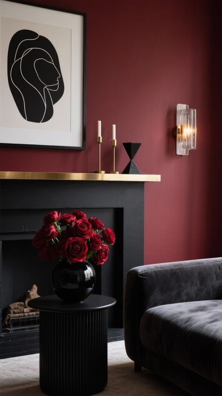 Medium, moody photorealistic composition: deep oxblood burgundy wall with a black or espresso mantel; sleek brass accents along the mantel—thin framed art, geometric candleholders, a small modern sculpture; large black-and-white line art print leaned casually; matte black vase holding a tight cluster of dark red ranunculus; background shows a charcoal velvet sofa, black drum side table, ribbed glass sconces casting soft, directional light; dramatic atmosphere with high contrast.