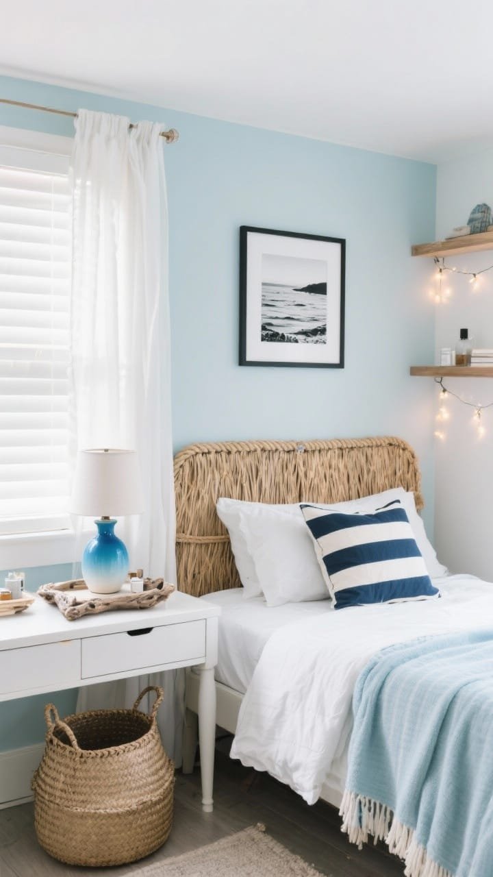 Medium shot: Coastal calm dorm scene with crisp white bedding and a pale sky-blue throw. Natural textures: seagrass headboard cover, rope baskets, navy-and-cream striped pillows. Framed black-and-white coastal photography on the wall, airy white curtains replacing blinds. A blue-ombre ceramic lamp on the desk and a driftwood-look tray with essentials. Warm fairy lights tucked under wall shelves. Photorealistic, bright but soft coastal light.