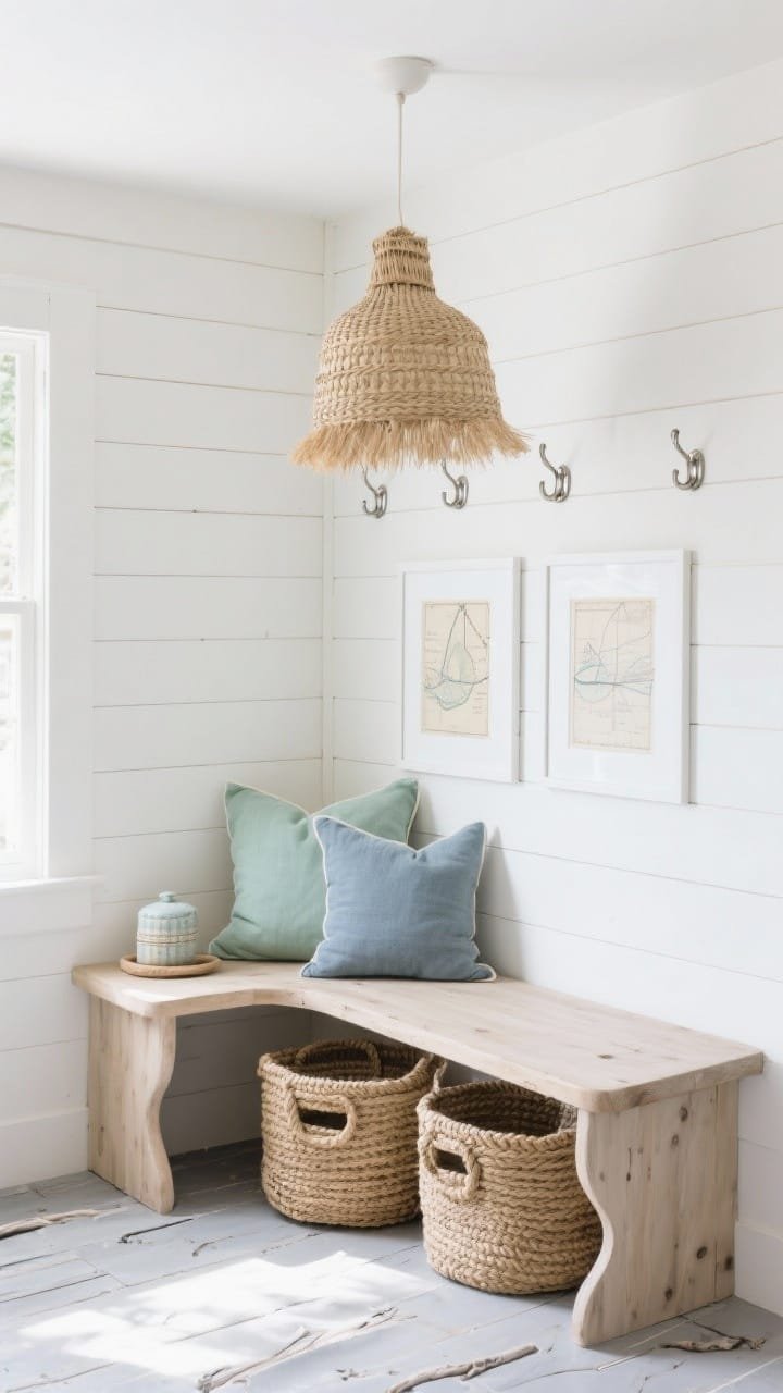 Medium shot, coastal-cool shiplap nook: horizontal shiplap painted oyster white wraps the walls; bleached teak bench with rounded corners; polished nickel hooks; a woven seagrass pendant overhead; palette accents in sand, sea-glass green, and foggy blue via cushions and small accessories; pale gray porcelain driftwood-look floor; lidded rope-handled baskets under the bench; framed nautical charts in crisp white frames; breezy daylight.