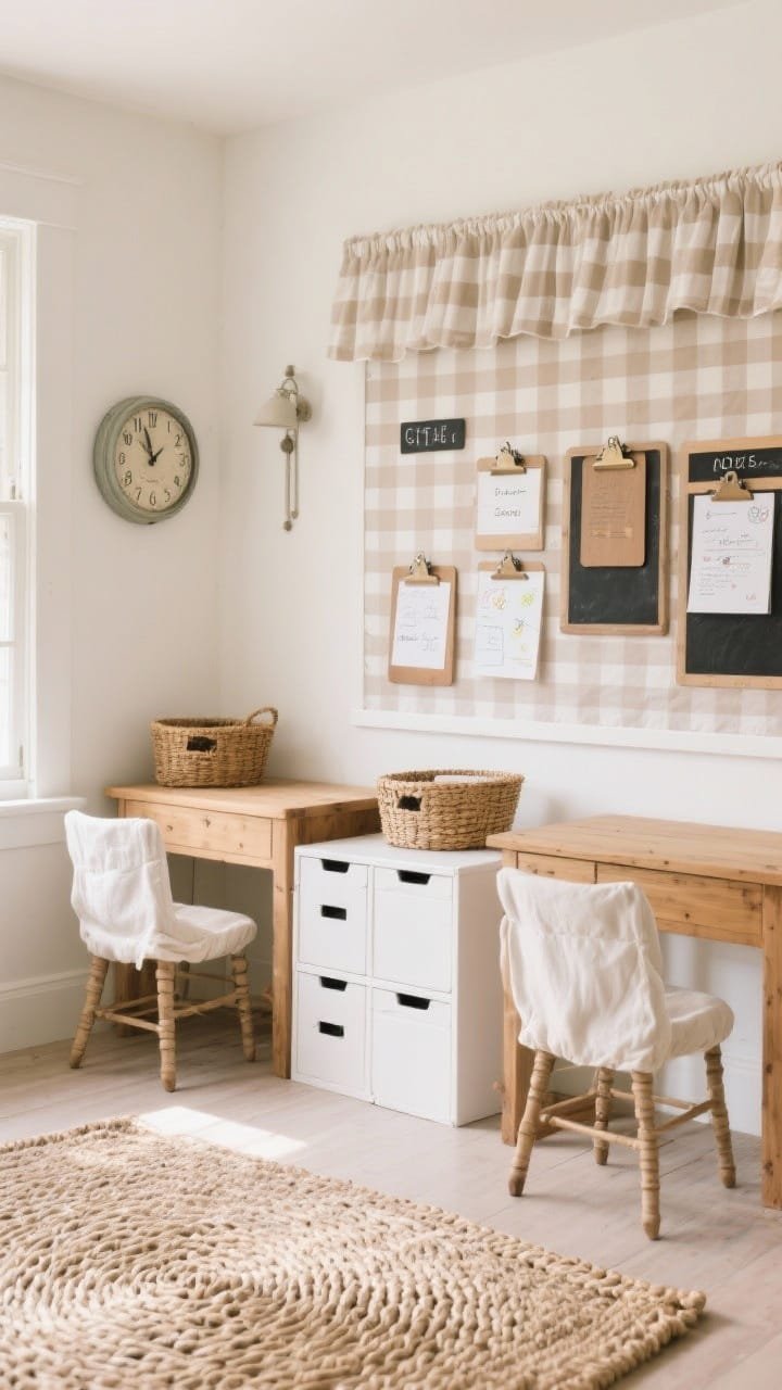 Medium shot, Cozy Cottage Neutrals with Gingham Touches: creamy white walls with a pale taupe gingham bulletin backdrop and a matching valance; natural wood desks, white storage cubes, wicker baskets; blackboard-style labels and wooden clipboards displaying student work; braided wool rug and cotton slipcovers on a couple of chairs; a small vintage-look clock; soft warm daylight, photorealistic.