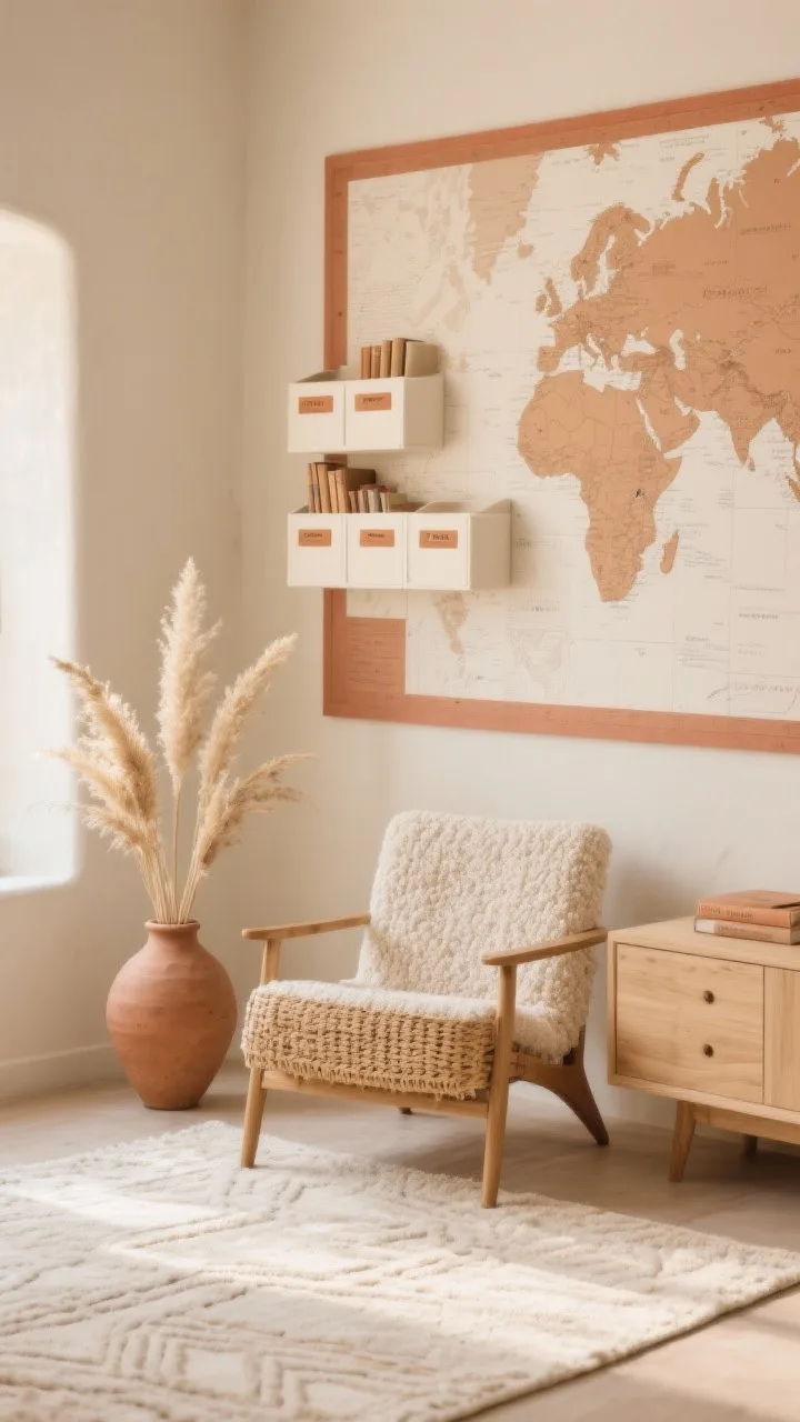 Medium shot, Desert Neutrals with Clay & Cream: creamy almond walls with a soft terracotta bulletin border, large low-contrast tan maps on the wall, cream book bins with clay-colored labels on light wood furniture; textiles include a boucle reading chair, woven seat pads, subtly patterned cream rug; dried pampas stems in a clay vase; matte, sun-kissed lighting for warmth, photorealistic.