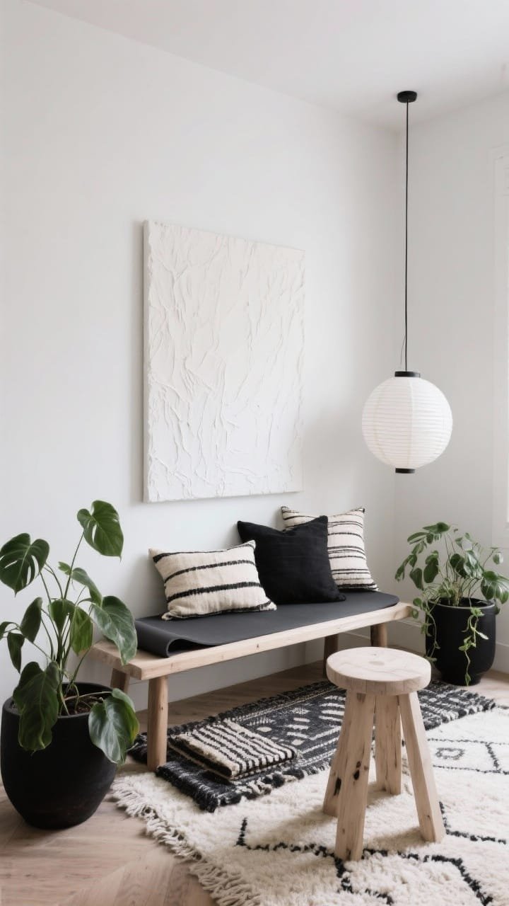 Medium shot from a straight-on angle: A monochrome + texture sanctuary with crisp off-white walls, charcoal yoga mat, stacked black-and-cream mudcloth pillows on a low bench, layered wool kilim rugs, a bleached wood stool, matte black planters with trailing philodendron, a paper lantern pendant softly diffusing light, ivory/black/charcoal/oatmeal palette, a single oversized textured white canvas for a gallery vibe, photorealistic, no people.