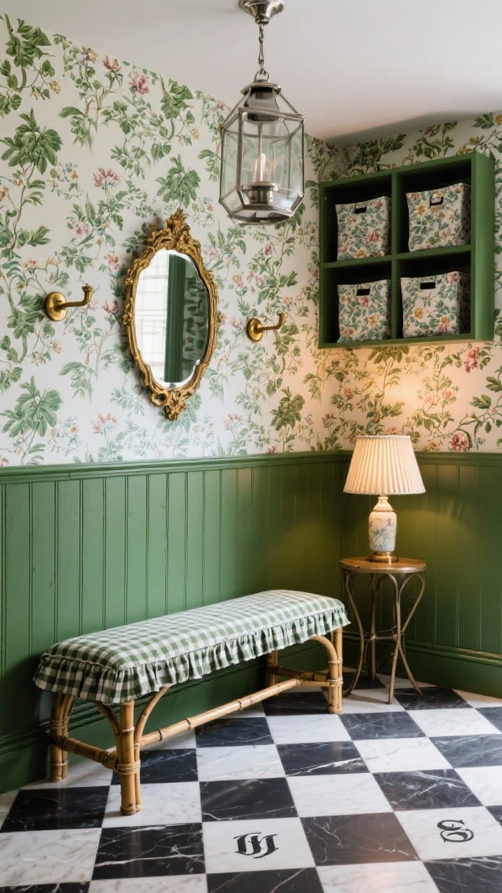 Medium shot, grandmillennial pattern play: upper walls papered in botanical print (ivy/chinoiserie florals), lower board-and-batten painted hunter green; bamboo-style bench with a skirted cushion in small check; mixed metals&mdash;polished brass hooks on the wall, nickel lantern overhead, vintage gilt mirror; black-and-white checkerboard honed tile floor; monogrammed fabric bins in overhead cubbies; a petite table lamp with pleated shade glowing warmly; classic yet fresh styling.