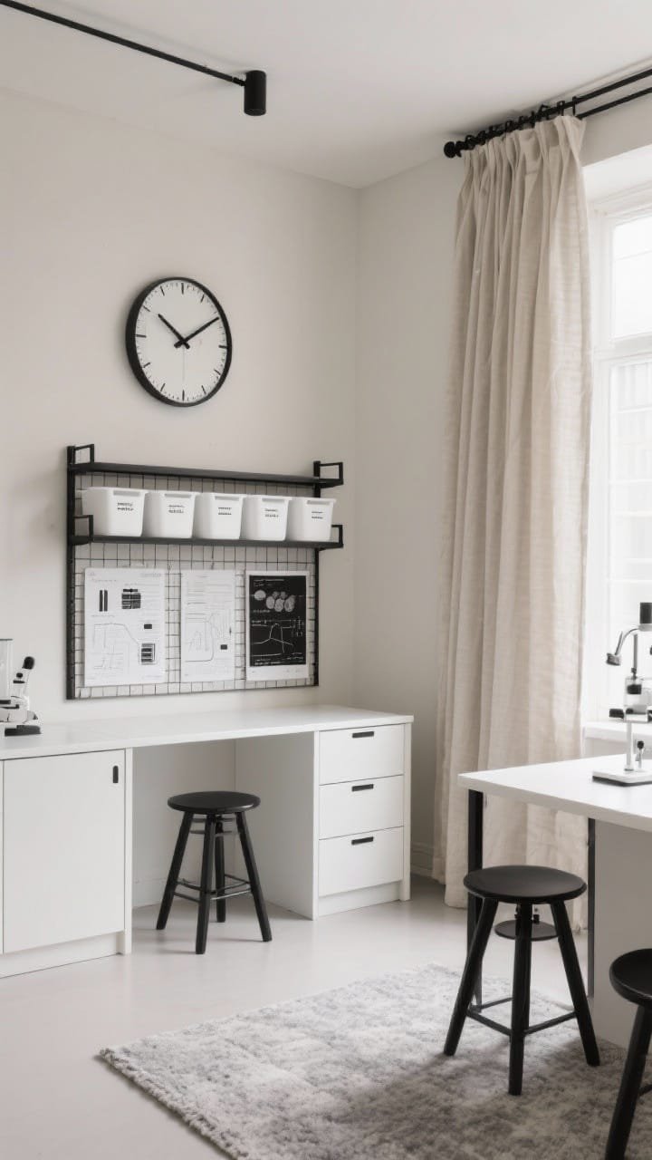 Medium shot, Greige Minimalist Lab with Black Accents: clean greige walls, matte white cabinets and tables, black metal frames on boards, stools with black legs, and thin black curtain rods holding soft natural linen drapes; surfaces clear with a grid shelf of labeled white bins; black-and-white graphic charts replace posters; a low-pile light gray rug and a large wall clock with black hands; bright but soft even lighting, photorealistic, no people.