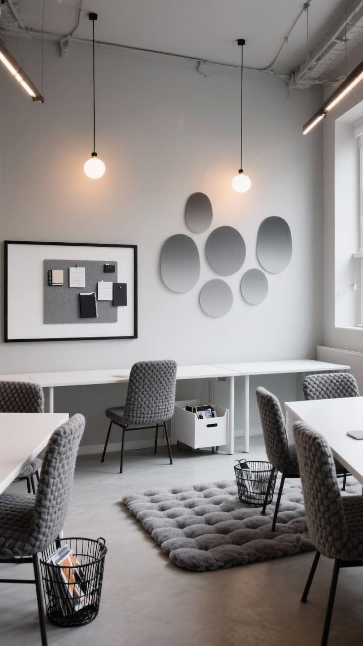 Medium shot, Modern Monochrome with Cozy Layers: warm light gray walls, white desks, black-framed whiteboard; waffle-knit seat covers on chairs, felt pinboards, and a big tufted gray rug in the meeting area; matte black wire baskets for notebooks and white magazine files for papers; a gallery of minimalist gray-gradient shapes on the back wall; warm bulbs under 3000K casting a gentle glow, photorealistic, no people.