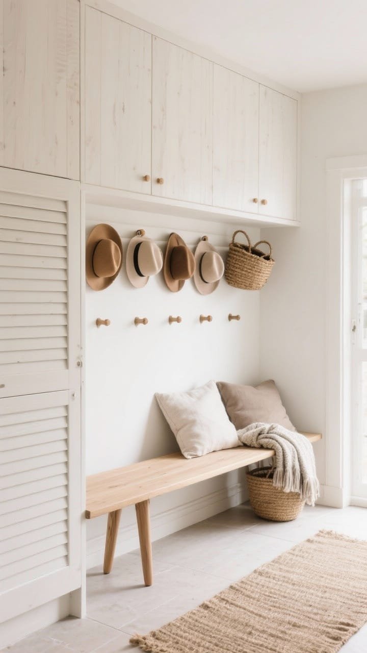 Medium shot of a Scandinavian warm minimalism mudroom: soft white walls with a drop of cream, whitewashed ash cabinets with slatted doors, a long floating shelf for hats and baskets; pale oak bench with tapered legs; oiled oak pegs at varied heights; light matte oak (or oak-look porcelain) flooring; natural jute runner, linen cushions, and a folded wool throw; gentle daylight, airy and warm, corner angle showing texture and simplicity.
