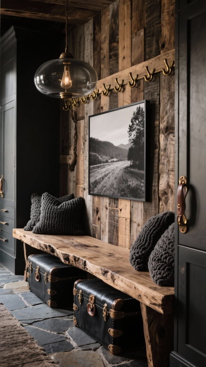 Medium shot, rustic luxe vignette: back wall clad in reclaimed barnwood; thick live-edge bench beneath a row of aged brass hooks; black leather storage trunks under the bench; chunky knit cushions on the bench; smoked glass drum pendant overhead; flagstone/slate floor; oversized black-and-white landscape photography on wall; saddle-stitched leather pulls visible on adjacent cabinetry edge; warm, moody ambiance with textural richness.