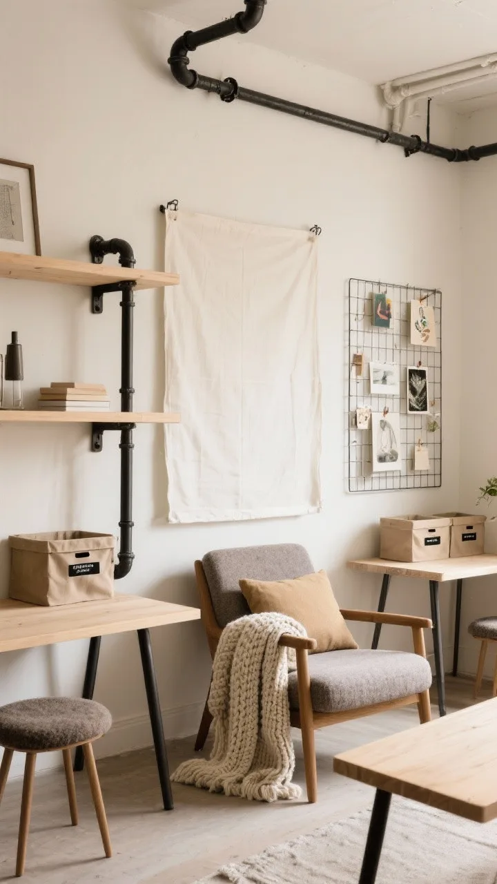 Medium shot, Soft Industrial with Cream and Iron: cream walls with exposed iron-style details&mdash;black pipe brackets supporting light wood shelves, iron-leg tables with pale wood tops; a cream canvas backdrop behind the whiteboard softening the look; textiles include a thick knit throw on a reading chair, felt seat pads, canvas storage bins with black labels; a metal-grid display board with pinned art; balanced warm lighting, photorealistic.