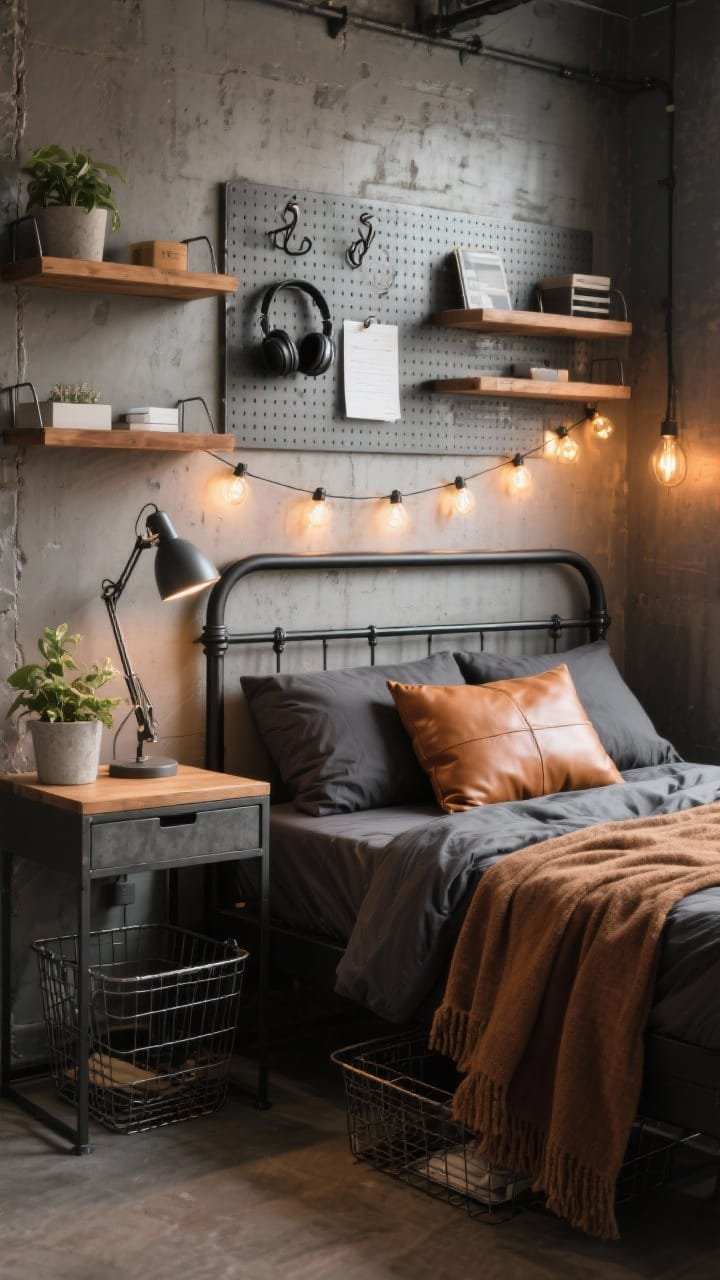 Medium shot: Urban industrial dorm bed area with a black metal bed frame, dark gray bedding, cinnamon throw, and tan leather-look pillows. Warm wood wall shelves with a grid metal board above the desk using S-hooks for headphones and notes. Filament string lights running along the headboard, a sturdy metal desk lamp, a concrete-look planter with a plant, and wire baskets under the bed. Photorealistic, warm industrial glow.