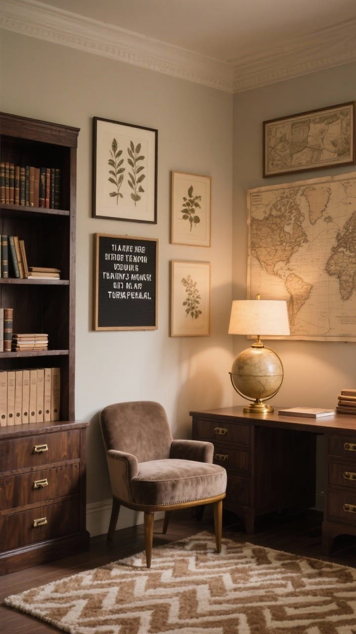 Medium shot, Vintage Library Neutral with Sepia Maps: parchment-toned walls, framed sepia-tone maps and botanical prints, a letterboard with daily quotes; dark walnut shelving, taupe velvet seat pads, beige-and-brown herringbone rug; brass accents on lamps and drawer pulls; kraft-paper-covered notebooks neatly binned; a muted standing globe; warm lamplight creating scholarly ambiance, photorealistic.