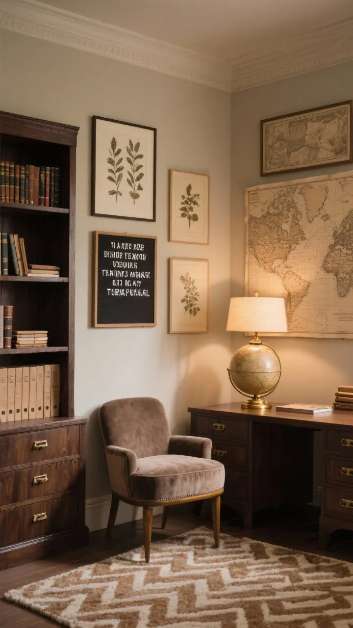 Medium shot, Vintage Library Neutral with Sepia Maps: parchment-toned walls, framed sepia-tone maps and botanical prints, a letterboard with daily quotes; dark walnut shelving, taupe velvet seat pads, beige-and-brown herringbone rug; brass accents on lamps and drawer pulls; kraft-paper-covered notebooks neatly binned; a muted standing globe; warm lamplight creating scholarly ambiance, photorealistic.
