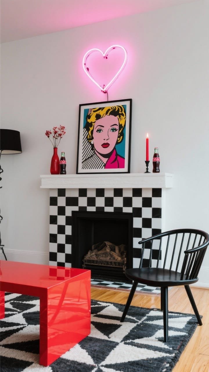 Medium, straight-on photorealistic pop art mantel: small pink neon heart mounted above, glowing against a black-and-white checkerboard peel-and-stick panel; mantel styled with vintage soda bottles as vases, a bold pop art print, bright red taper candles; black spindle accent chair and geometric rug visible; glossy red side table adding punch; lively, high-contrast lighting emphasizing graphic edges.