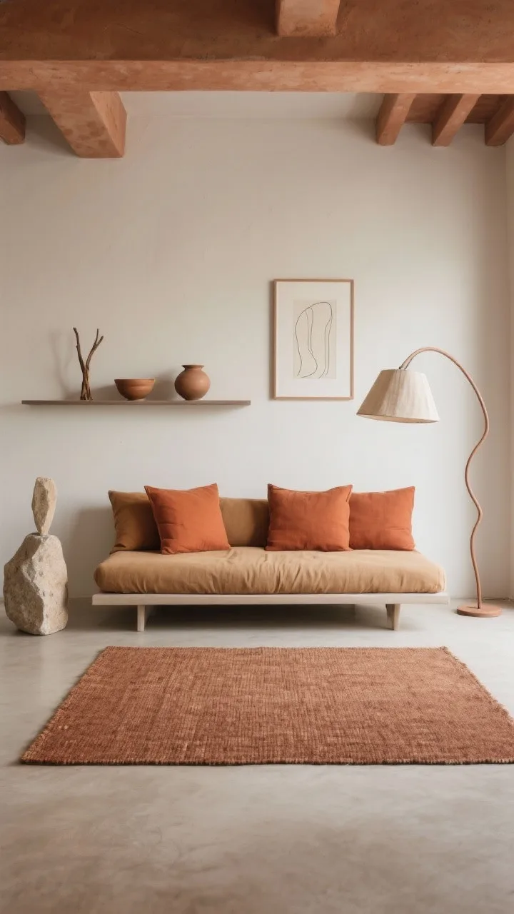 Medium-wide minimalist composition: Terra-cotta loft minimal with a smooth microcement floor, low-profile flat-weave rug in burnt sienna, a slim floating shelf displaying minimal pottery—ceramic bowls, a stone sculpture, palo santo—clean-lined daybed layered with terracotta and camel linen cushions as focal point, sculptural arc floor lamp with a linen shade casting soft architectural light, palette of terra-cotta, camel, stone, soft white, linear art print, cork mat on floor, photorealistic, no people.