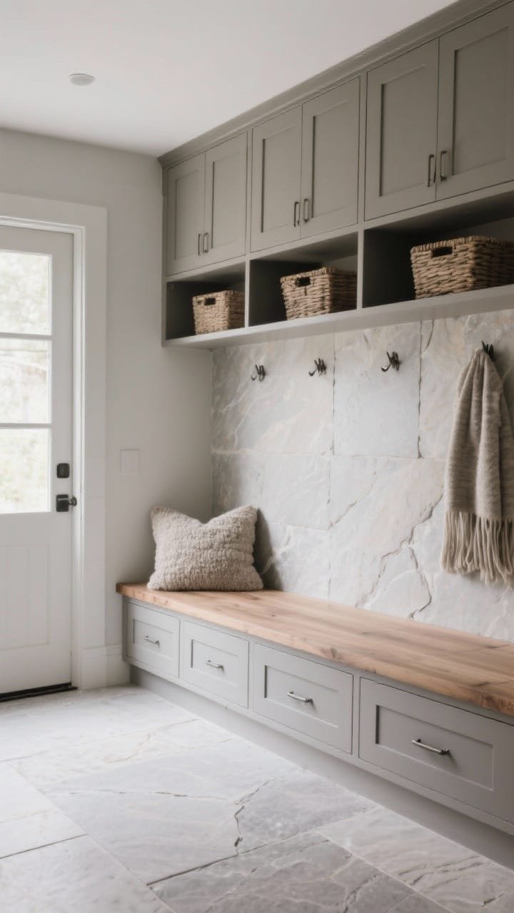 Medium-wide, tranquil monochrome stone sanctuary mudroom: greige limestone large-format floor tiles continued up the back wall as a slab-like panel; floating oak bench with waterfall sides, stone-colored drawers beneath with integrated routed pulls; palette in taupe, sand, and mushroom gray; open cubbies with baskets, closed upper cabinets; chunky boucle bench cushion and a tonal wool wall hanging; soft diffused natural light, minimal shadows, neutral serene mood.