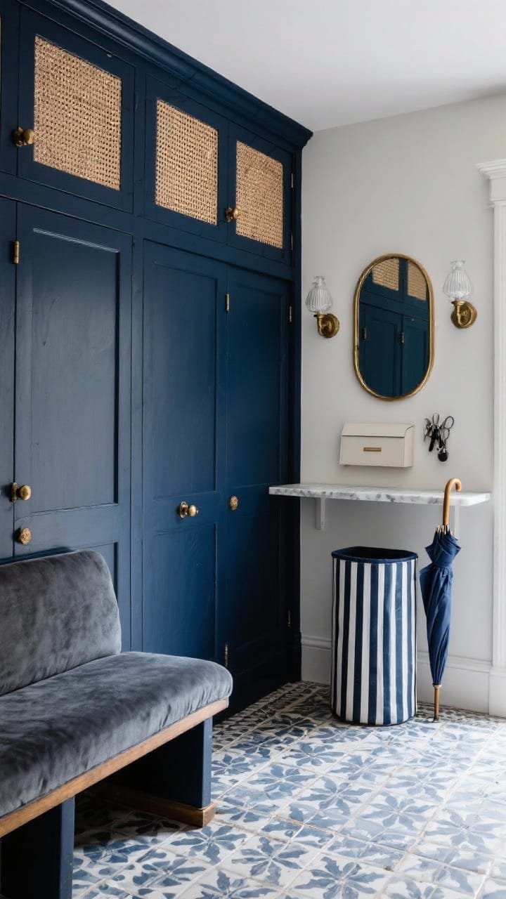 Medium-wide view of a deep navy built-in wall: shaker cabinets in deep navy with rich shadow lines, upper doors featuring cane panel inserts, cushioned bench in slate velvet; antique brass cup pulls, milk-glass sconces above; opposite wall includes a marble-topped console for keys and mail; patterned cement floor tile in navy and ivory; arched brass-framed mirror reflecting light; navy-striped umbrella stand; moody yet polished lighting, slight vignette.