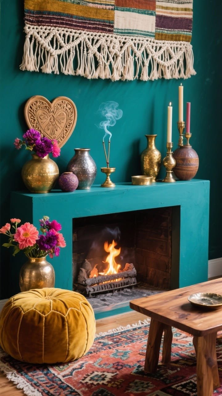 Overhead detail photorealistic shot of a boho mantel tableau: rich teal wall backdrop partially visible; macrame tapestry edge above; layered brass, ceramic, and wood pieces—a hand-carved heart, incense holder with a thin smoke trail, hammered metal vases; mixed vessels holding jewel-tone blooms in fuchsia, plum, and coral with mismatched tapers; foreground hints of a Kilim rug and low mango wood coffee table with a saffron velvet pouf; ambient fire glow reflecting softly on metals.