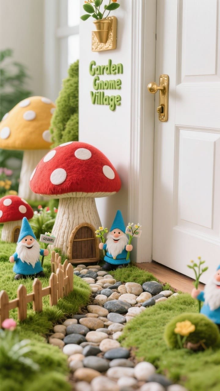 Photorealistic closeup detail at door base: whimsical &ldquo;Garden Gnome Village&rdquo; with mushroom houses featuring domed, polka-dotted red caps and textured stems, pebble paths made from craft pebbles, smiling gnome figures holding tiny spring signs; tufts of felt grass, mini wood fences, bright cobalt, grass green, gold, and white accents; playful, well-lit scene with crisp textures and small surprises in focus.