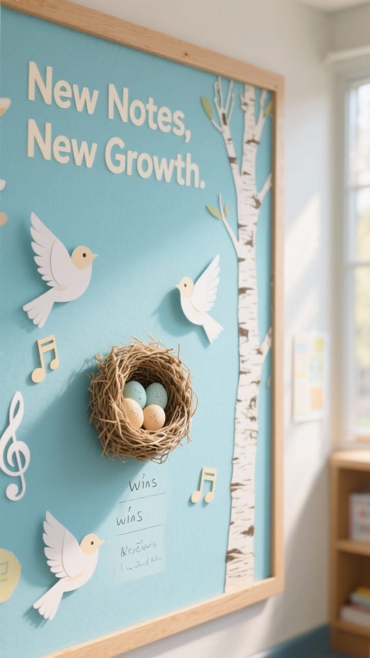 Photorealistic closeup detail of a birdsong bulletin board: pale robin’s egg blue background, slim birch tree silhouette running up one side with realistic bark patterning, a small 3D twine nest cradling paper eggs where students would write wins, friendly paper birds perched nearby with layered wings, tiny eighth-note cutouts floating like song; gentle morning light for a soft, woodsy feel; header “New Notes, New Growth” visible.