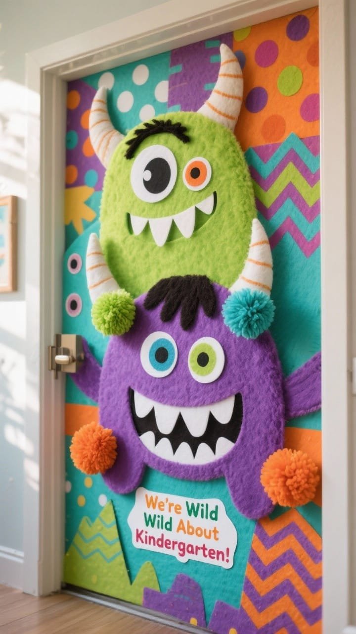 Photorealistic closeup detail of a bright-colored monster cluster on the door: lime, purple, aqua, and orange base tones; fuzzy felt eyebrows, multi-sized googly eyes, white cardstock toothy grins; pom-pom &ldquo;horns&rdquo;; varied monster patterns&mdash;polka dots, stripes, zigzags&mdash;layered in cardstock; title &ldquo;We&rsquo;re Wild About Kindergarten!&rdquo; partially visible; playful lighting with soft shadows enhancing felt and pom textures.