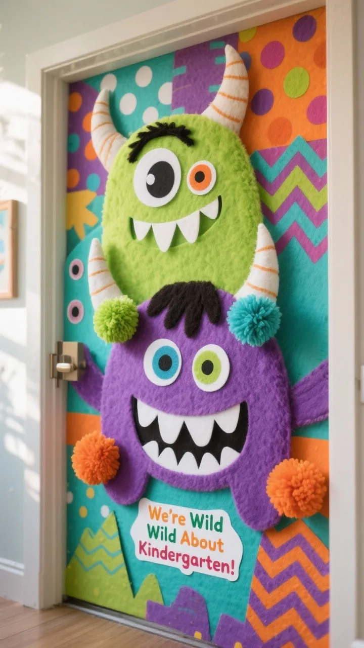 Photorealistic closeup detail of a bright-colored monster cluster on the door: lime, purple, aqua, and orange base tones; fuzzy felt eyebrows, multi-sized googly eyes, white cardstock toothy grins; pom-pom “horns”; varied monster patterns—polka dots, stripes, zigzags—layered in cardstock; title “We’re Wild About Kindergarten!” partially visible; playful lighting with soft shadows enhancing felt and pom textures.