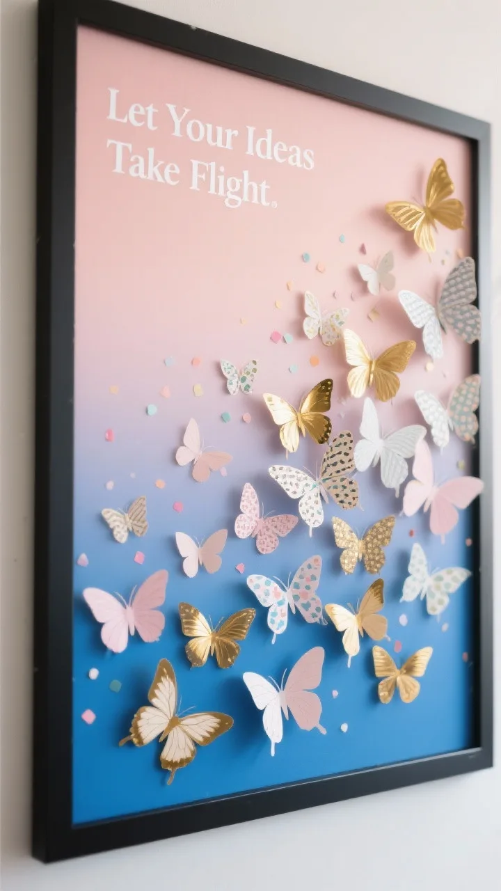 Photorealistic closeup detail of a butterfly migration bulletin board: a gradient background blending pale blush at the bottom into cornflower blue at the top, dozens of layered die-cut butterflies from tiny pastel confetti to a few patterned scrapbook-paper statement pieces, wings gently folded for 3D lift, subtle gold-foiled bodies glinting, a crisp black border just visible at the edge, and a white serif header &ldquo;Let Your Ideas Take Flight&rdquo;; soft dawn-like illumination.