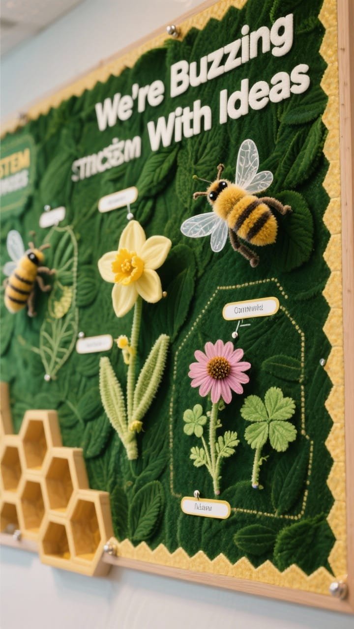 Photorealistic closeup detail of a pollinator patch STEM board: deep leafy green background fabric for saturation, labeled flower diagrams (daffodil, coneflower, clover) pinned neatly, 3D bees with acetate wings and fuzzy pipe-cleaner bodies hovering near blooms, hexagon honeycomb cutouts forming a hive corner, honeycomb-style border, and bold header “We’re Buzzing With Ideas”; bright, focused light to emphasize textures and labels.