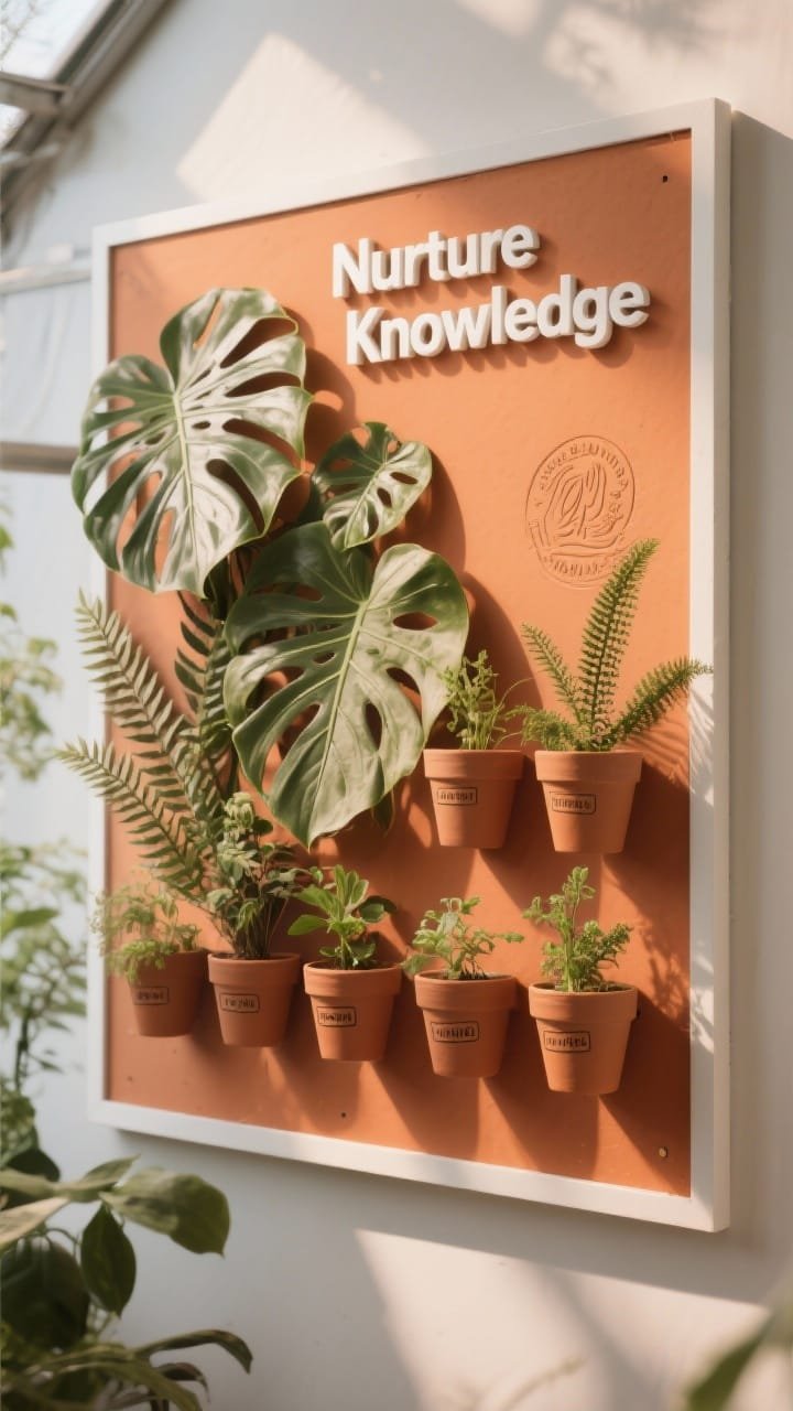 Photorealistic closeup detail of a terracotta greenhouse board: warm terracotta/clay-orange background with a thin white border, clustered paper monstera leaves and ferns showing embossed veins, small herb pots with stamped labels arranged neatly, and a crisp white signboard header reading “Nurture Knowledge”; warm directional light to highlight textures and leaf embossing, chic and earthy mood.