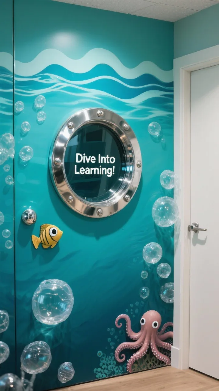 Photorealistic closeup detail of an under-the-sea door corner: deep aqua/teal backdrop with a scalloped lighter-blue rippling water line; a metallic foil porthole frame labeled “Dive Into Learning!” around the rim; glossy googly-eyed friendly fish and a small octopus; clear plastic ornament bubbles and bubble wrap circles creating tactile bubbly texture; cool-toned lighting with subtle specular highlights on the foil and plastic.