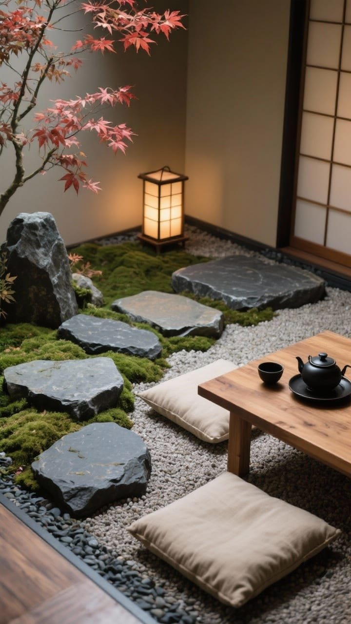Photorealistic detail/closeup overhead of a Japandi tea corner vignette: large basalt stepping stones set in mossy groundcover leading toward the scene, edge of a slate rock border visible, corner of a low cedar table with black ceramic tea set, floor cushions in oatmeal linen; dwarf maple leaves providing soft backdrop; single shoji-inspired lantern casting warm, meditative glow on smooth stone and fine gravel textures; colors oatmeal, cedar, charcoal, with hints of maple red (seasonal).