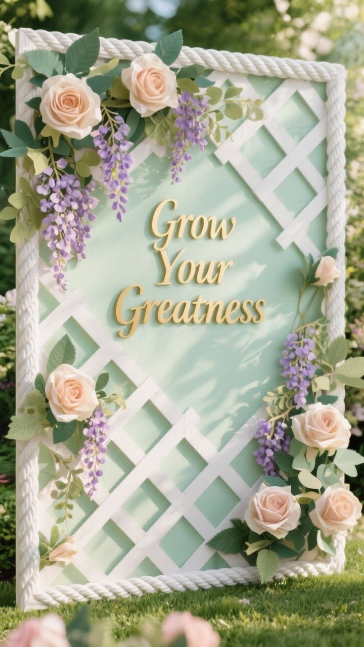 Photorealistic medium shot at a gentle angle of a garden trellis board: soft sage background covered with a white lattice trellis made from thin paper strips, lush layered tissue-paper climbing roses and wisteria clusters with cardstock leaves whose edges curl slightly, a white rope or braided trim border, and a gold script header “Grow Your Greatness”; dappled, garden-like light for a tailored garden party mood.