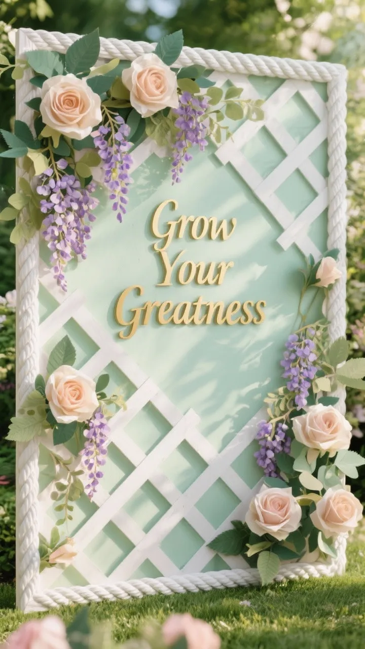 Photorealistic medium shot at a gentle angle of a garden trellis board: soft sage background covered with a white lattice trellis made from thin paper strips, lush layered tissue-paper climbing roses and wisteria clusters with cardstock leaves whose edges curl slightly, a white rope or braided trim border, and a gold script header &ldquo;Grow Your Greatness&rdquo;; dappled, garden-like light for a tailored garden party mood.